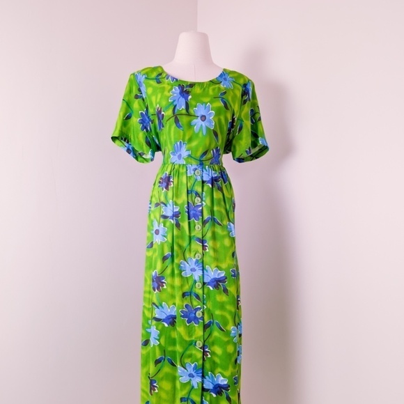 80's Babydoll Floral Dress Maxi Short Sleeve Waist Tie Long Floor Length - Picture 11 of 14